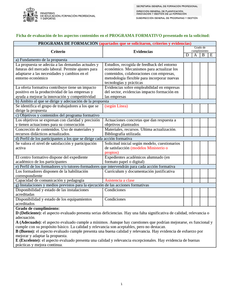 Modelo Ficha Evaluación PROGRAMA FORMATIVO | PDF | Plan de estudios ...