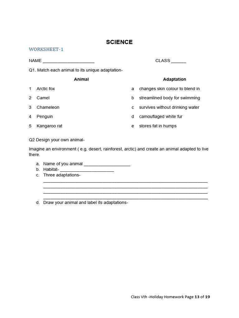 Animal Adaptations Worksheet for Grade 5 | PDF