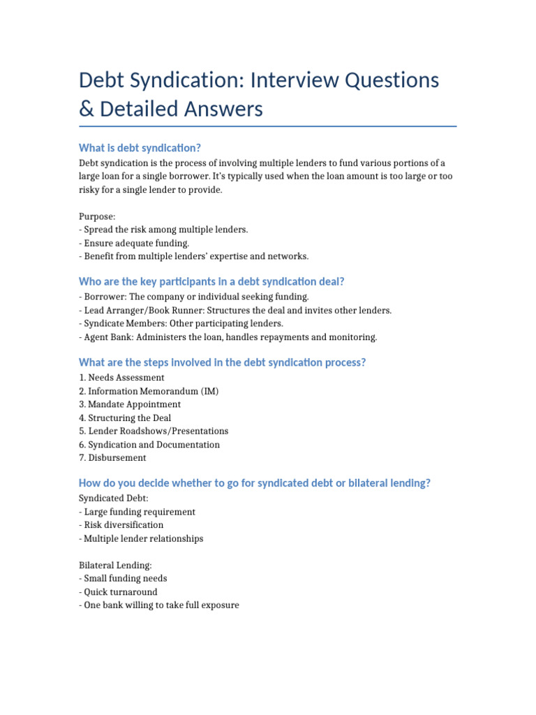 Debt Syndication Interview Insights | PDF | Syndicated Loan | Debt