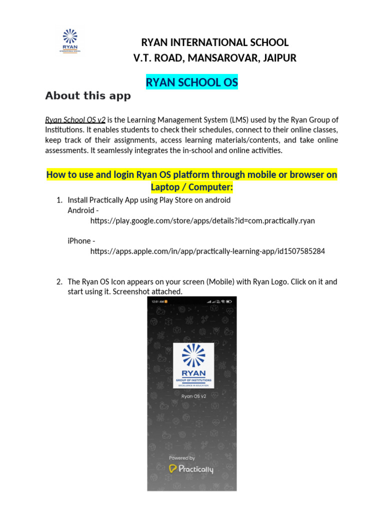 Ryan OS v2 Login Guide for Students | PDF