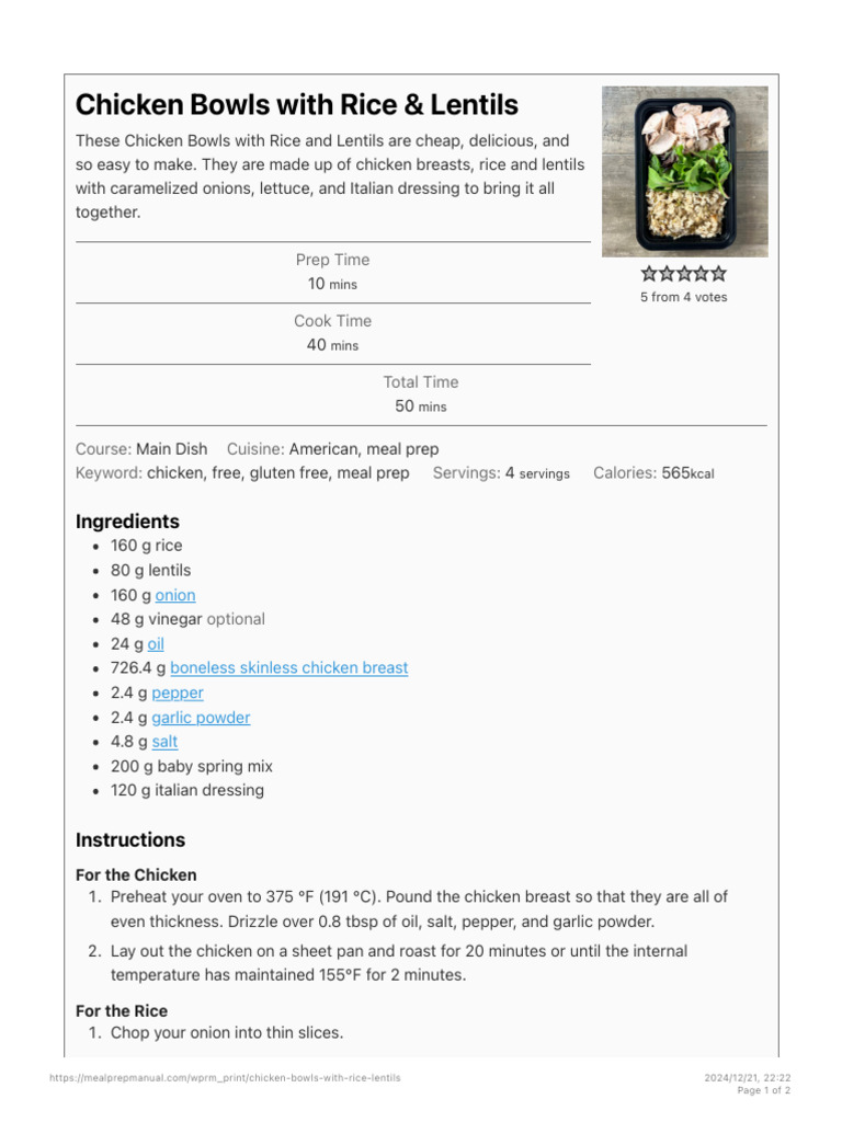 Chicken Bowls With Rice Lentils - The MEAL PREP MANUAL | PDF | Italian ...