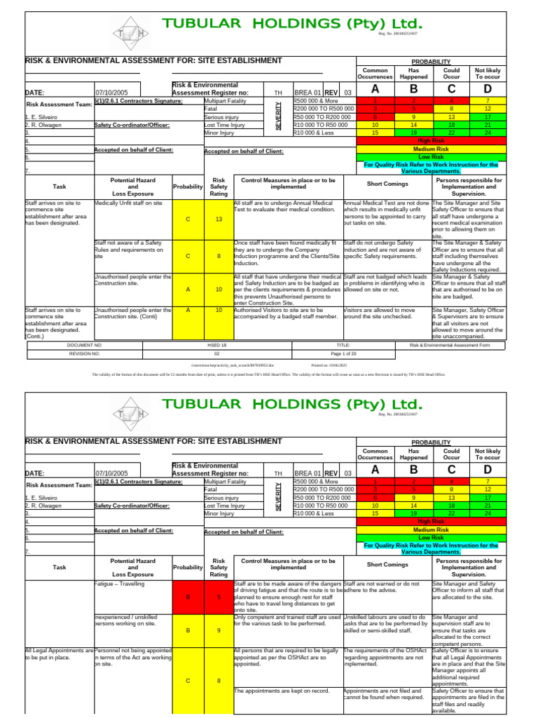 Site Establishment Risk Assessment Guide | PDF | Risk | Personal ...