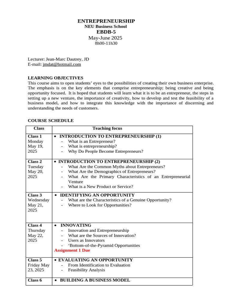 Entrepreneurship Course Overview 2025 | PDF | Entrepreneurship | Business