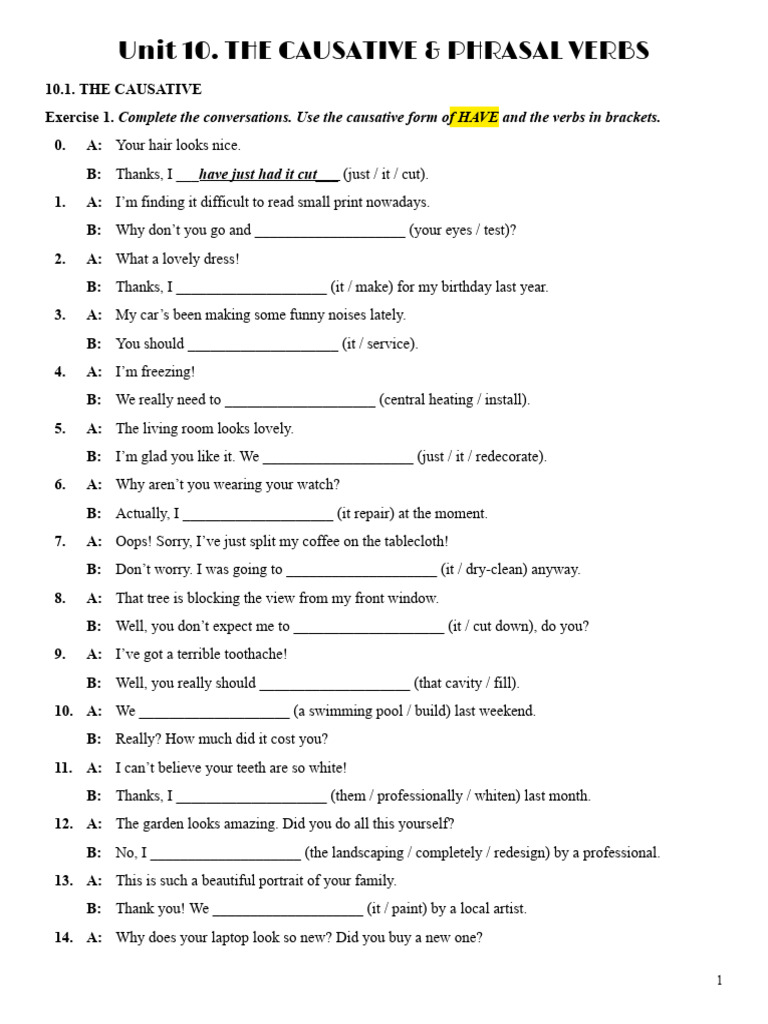 Causative and Phrasal Verbs Exercises | PDF | Linguistic Morphology ...