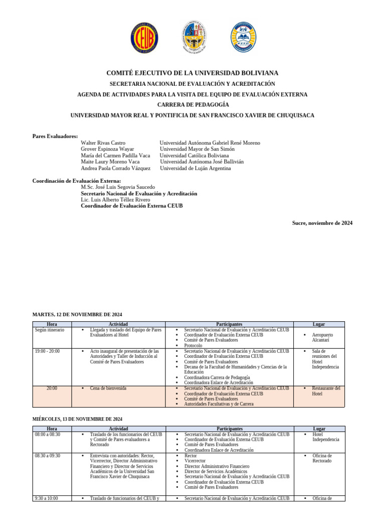 Agenda Visita Pares Evaluadores Carrera de Pedagogía | PDF