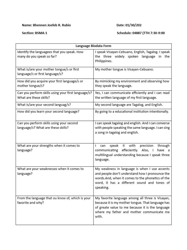 Language Skills and Background of Bhennen | PDF | Linguistics | Human ...