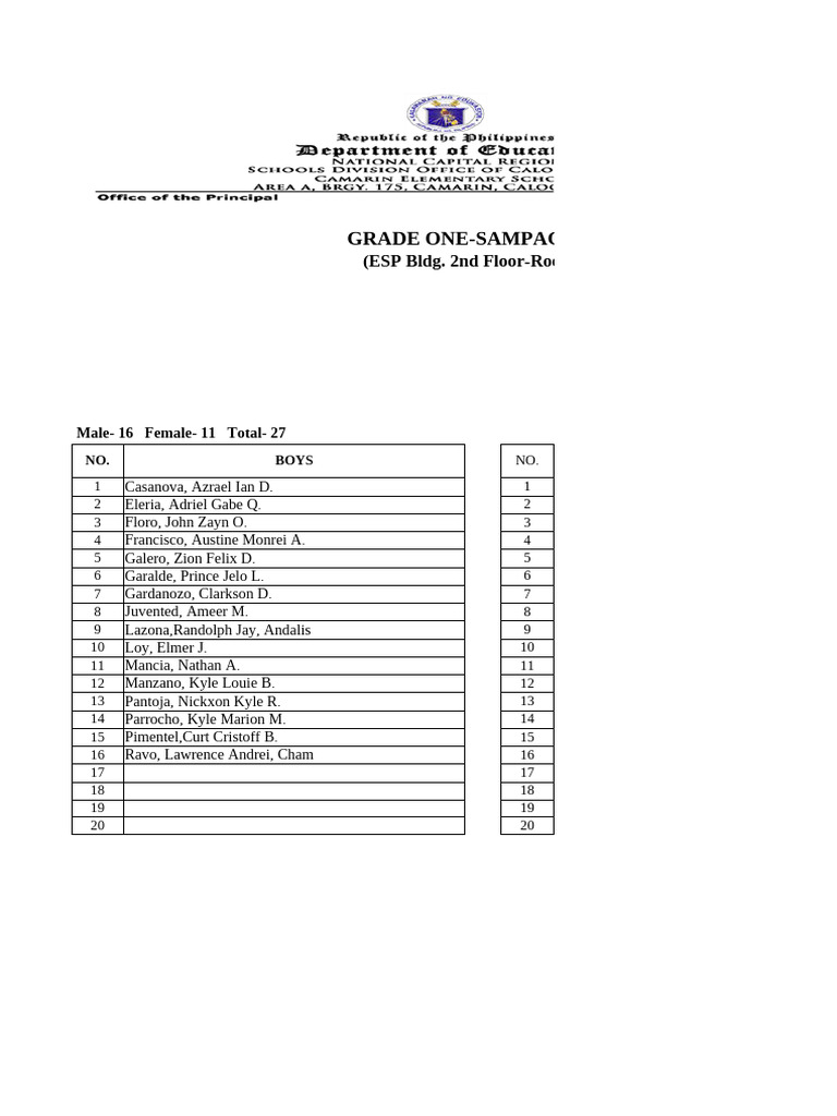 Grade One Class Lists by Section | PDF