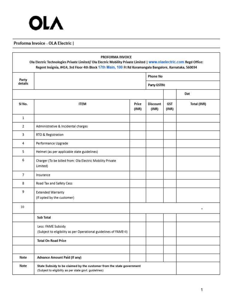 OLA Electric Proforma Invoice Details | PDF | Invoice | Payments
