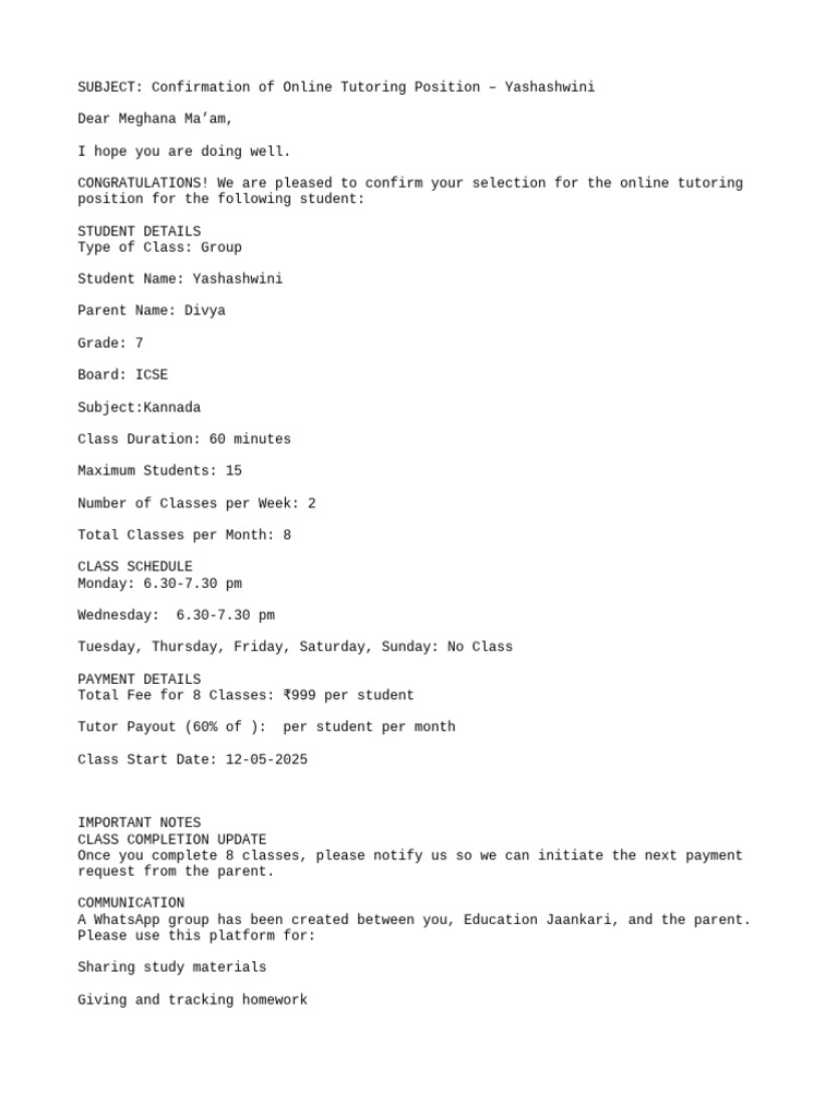 Group Class Confirmation Single Student | PDF