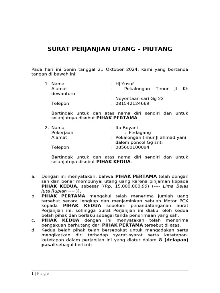 Surat Perjanjian Utang Piutang 2024 | PDF