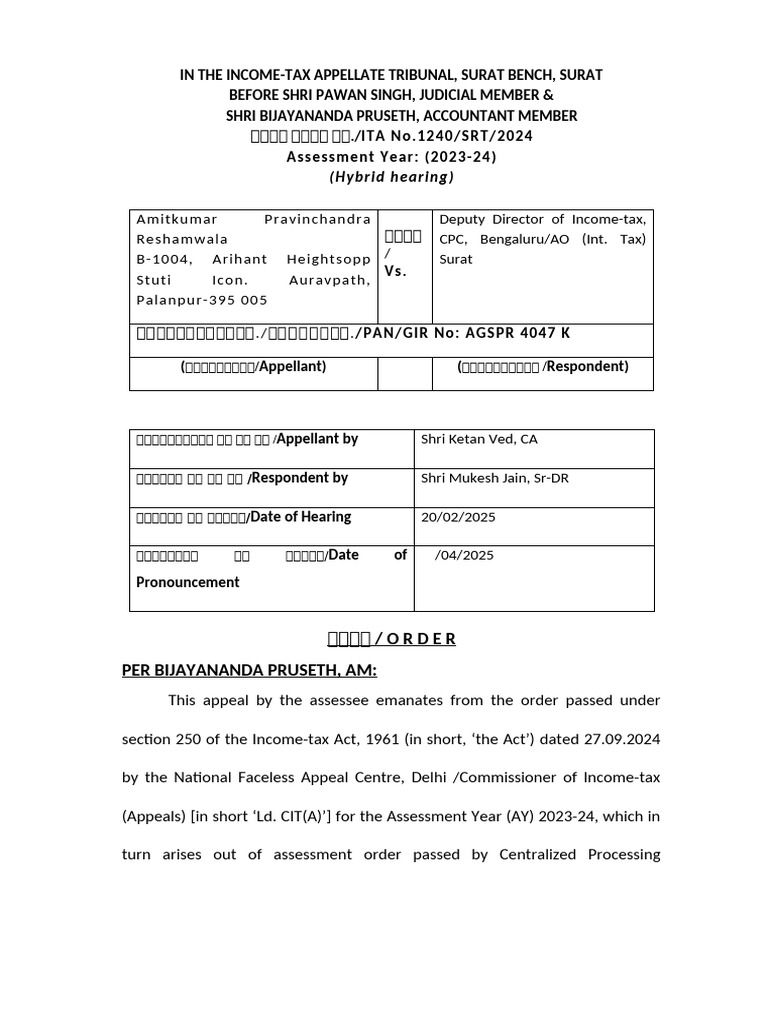 ITA No.1240 of 2024 Amitkumar P Reshamwala F.tax BP-PS | PDF | Taxes ...