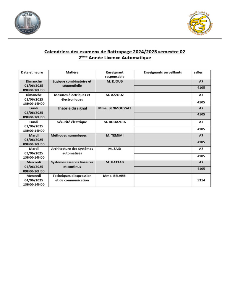 Examens de Rattrapage 2024/2025 USTO | PDF | Régulation | Ingénierie