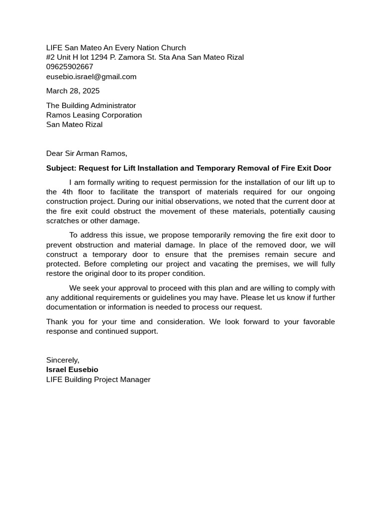 Lift Installation Request Letter | PDF