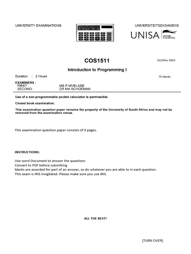 COS1511 Oct-Nov 2021 Exam | PDF | Parameter (Computer Programming ...