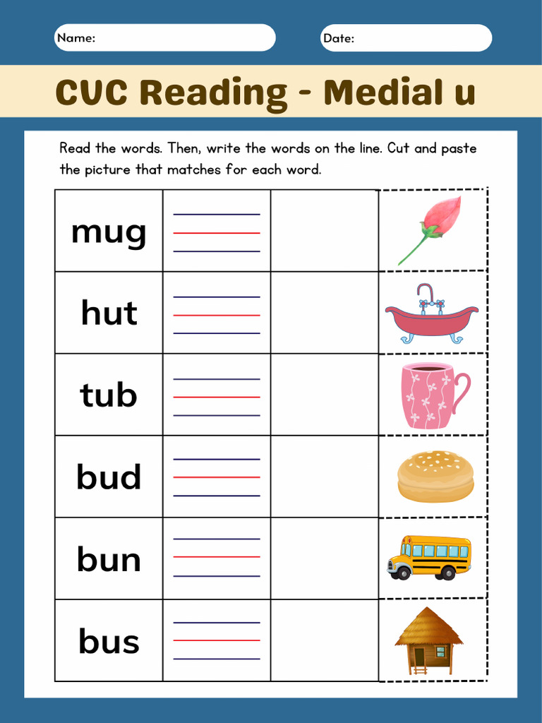 Blue Illustrative CVC Reading Worksheet | PDF