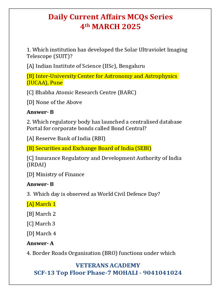 Daily Current Affairs Mcqs 4th March 2025 | PDF