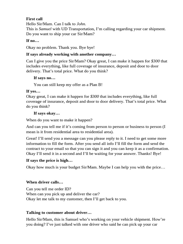 Car Shipment Call Script for Agents | PDF