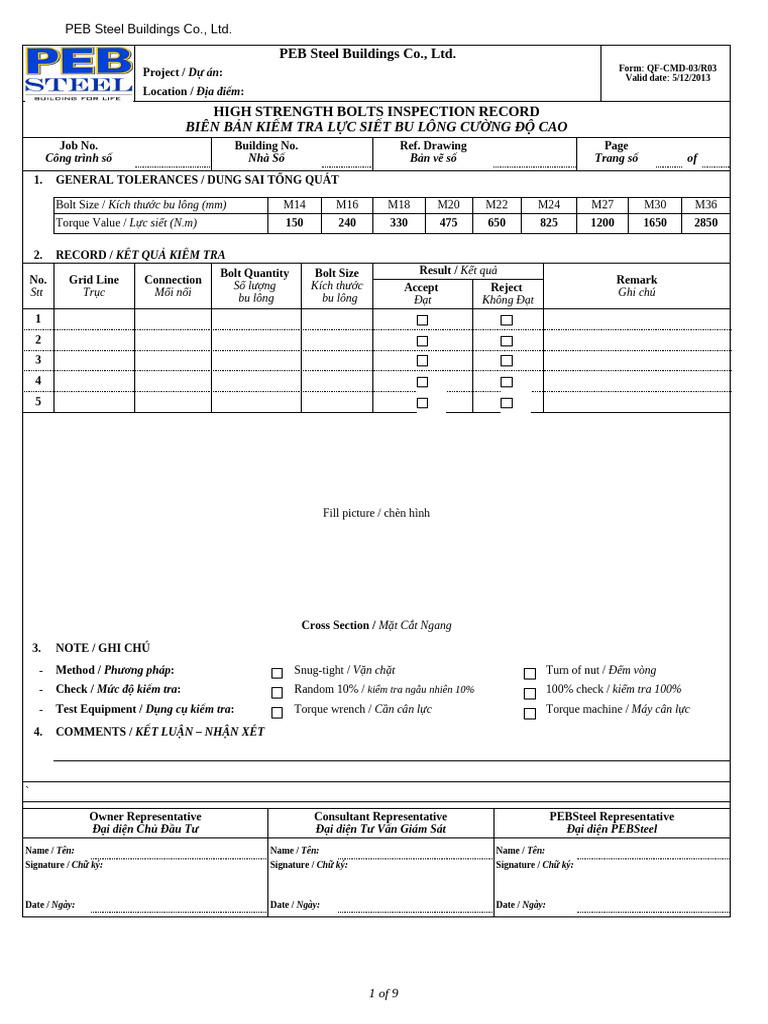 QF-CMD-03 R03 High Strength Bolt Inspection Record | PDF