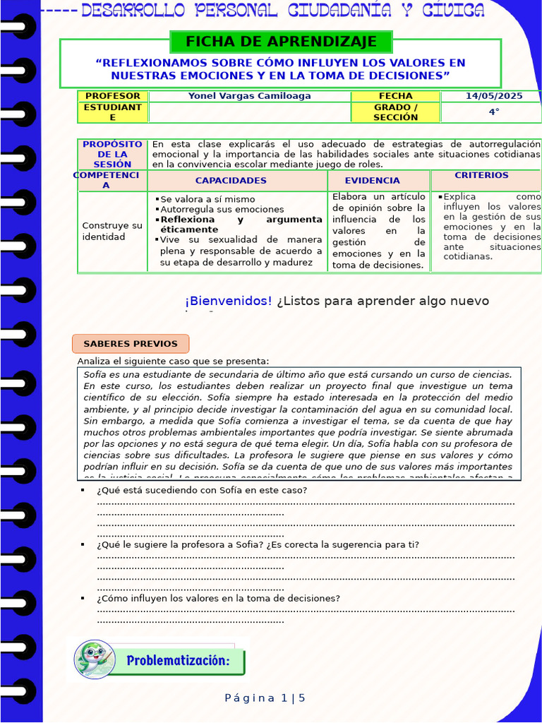 4° DPCC - Ficha de Aprendizaje 3 | PDF | Las emociones | Toma de decisiones