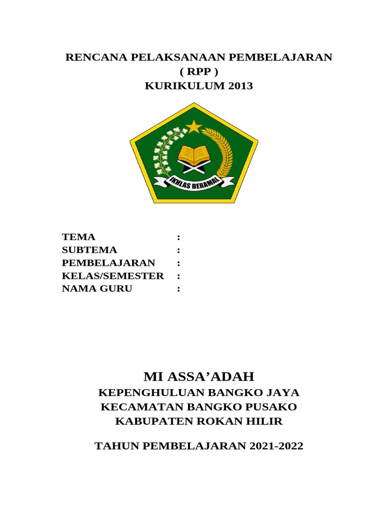 Sampul RPP Kurikulum 2013 MI Assa'adah | PDF