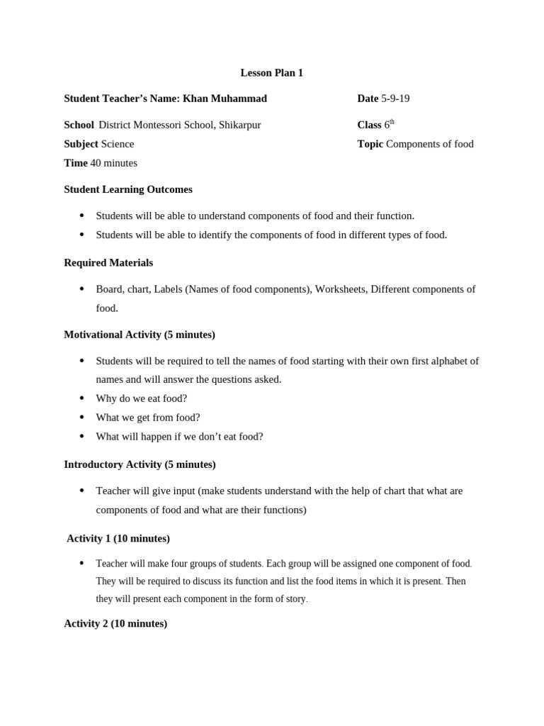 Food Components Lesson Plan | PDF | Foods | Cuisine