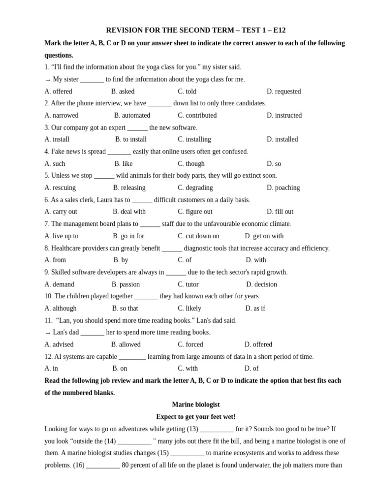 Second Term Revision Test E12 | PDF | Marine Biology | Teachers