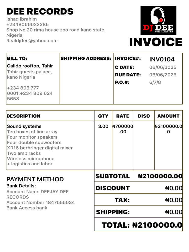Invoice: Dee Records | PDF