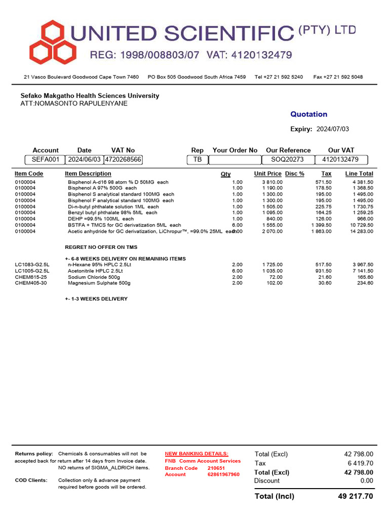 Sefako Makgatho Banking Details and Order | PDF | Chemistry | Chemical ...