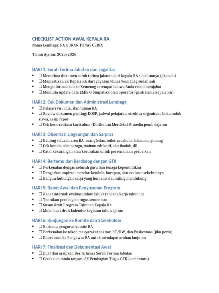 Checklist Awal Kepala RA 2025/2026 | PDF