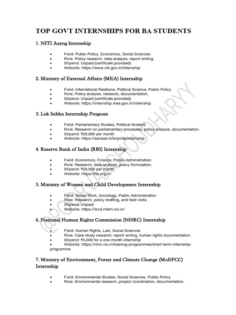 Top Government Internships for BA Students | PDF