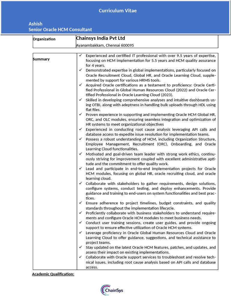 Senior Oracle HCM Consultant Profile | PDF | Human Resource Management ...