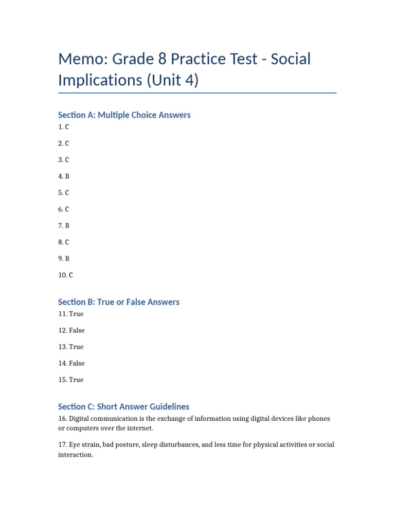 Grade 8 Social Implications Practice Test Memo | PDF