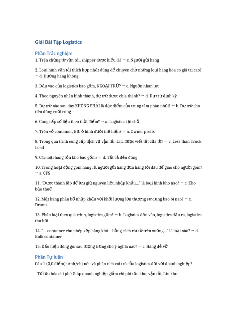 Giai Bai Tap Logistics | PDF