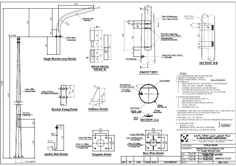 Single Bracket Arm Details Section B-B Front View: Hinge Detail Detail ...