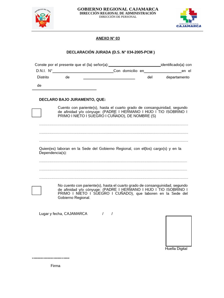 Declaración Jurada de Parentesco en Cajamarca | PDF | El feminismo y la ...