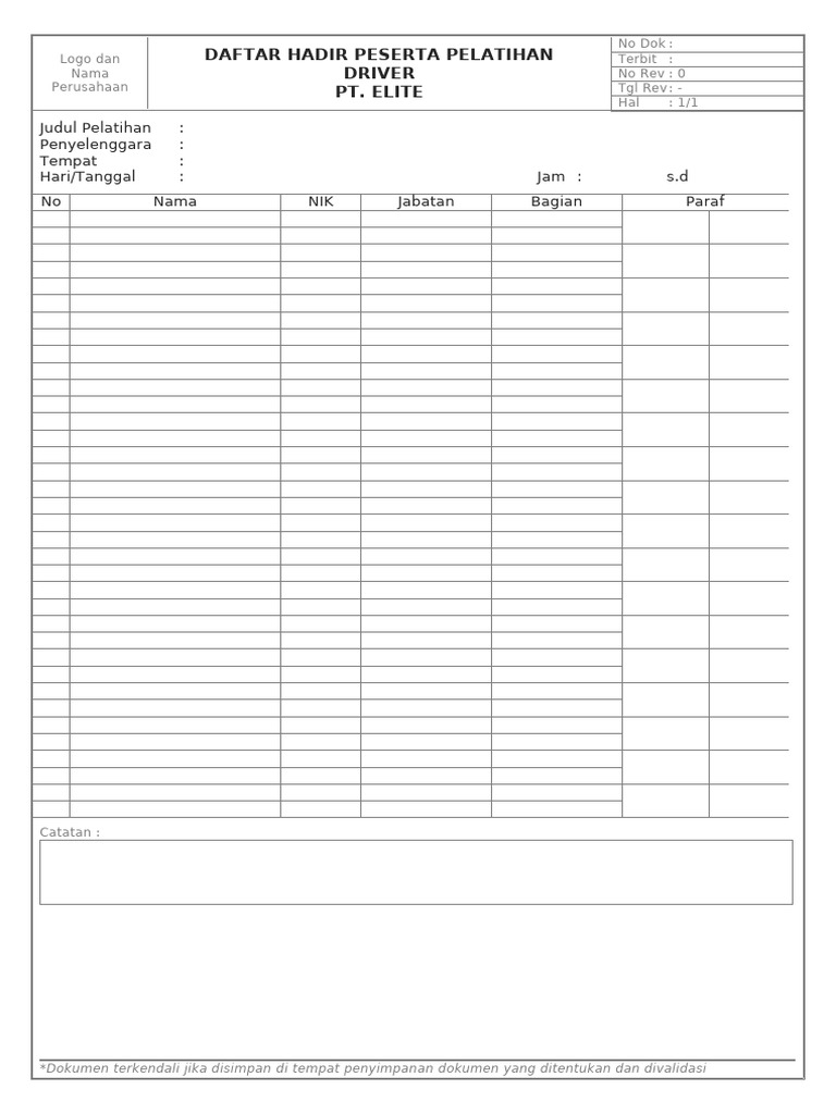 P-FRM-K3-005 Daftar Hadir Peserta Pelatihan DRIVER | PDF