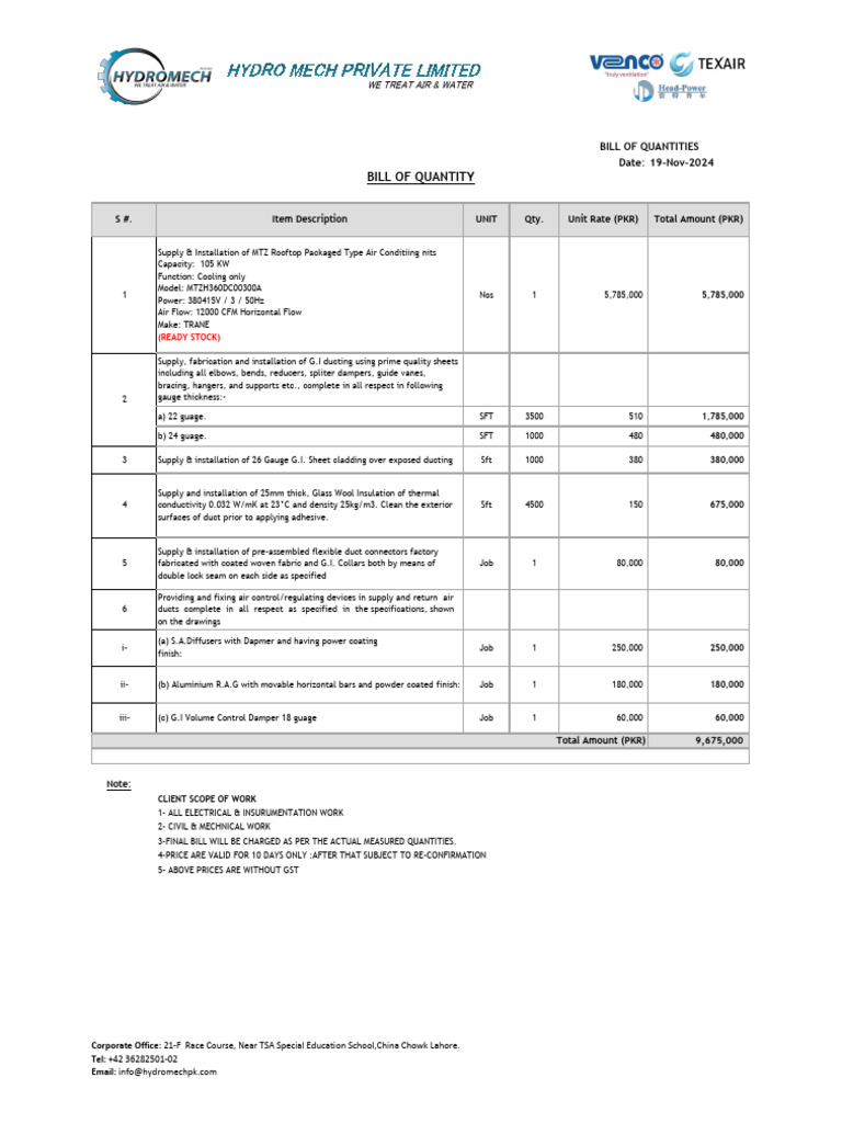 MTZ 105KW AC Installation Quotation | PDF | Duct (Flow) | Mechanical ...
