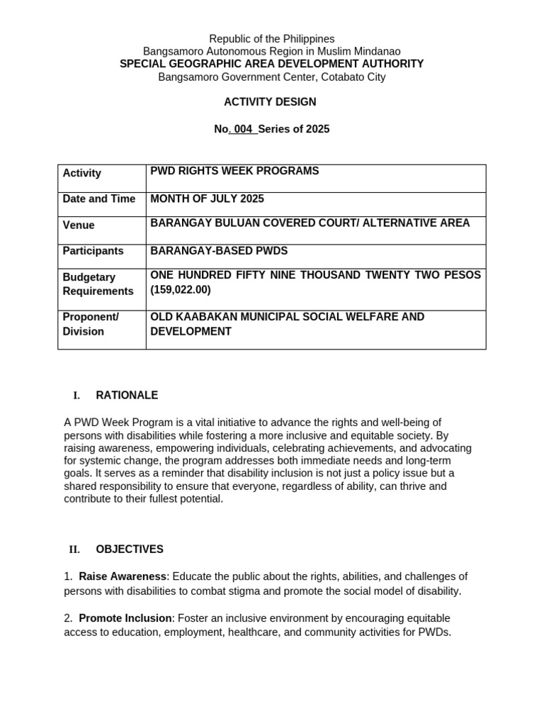 Activity Design Pwd 2025 | PDF | Disability | Social Policy