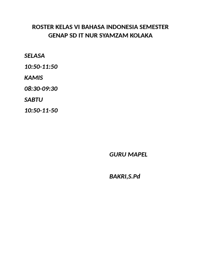 Roster Kelas Vi Bahasa Indonesia Semester Genap SD It Nur Syamzam ...