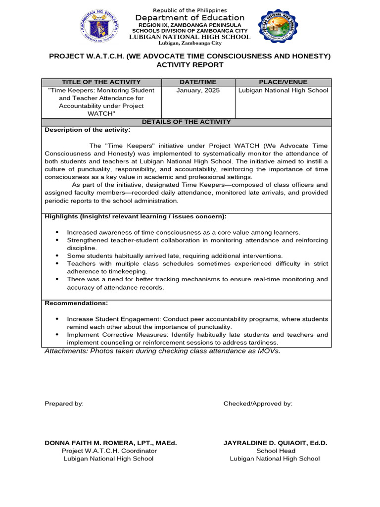 Project WATCH Attendance Initiative Report | PDF | Teachers | Learning