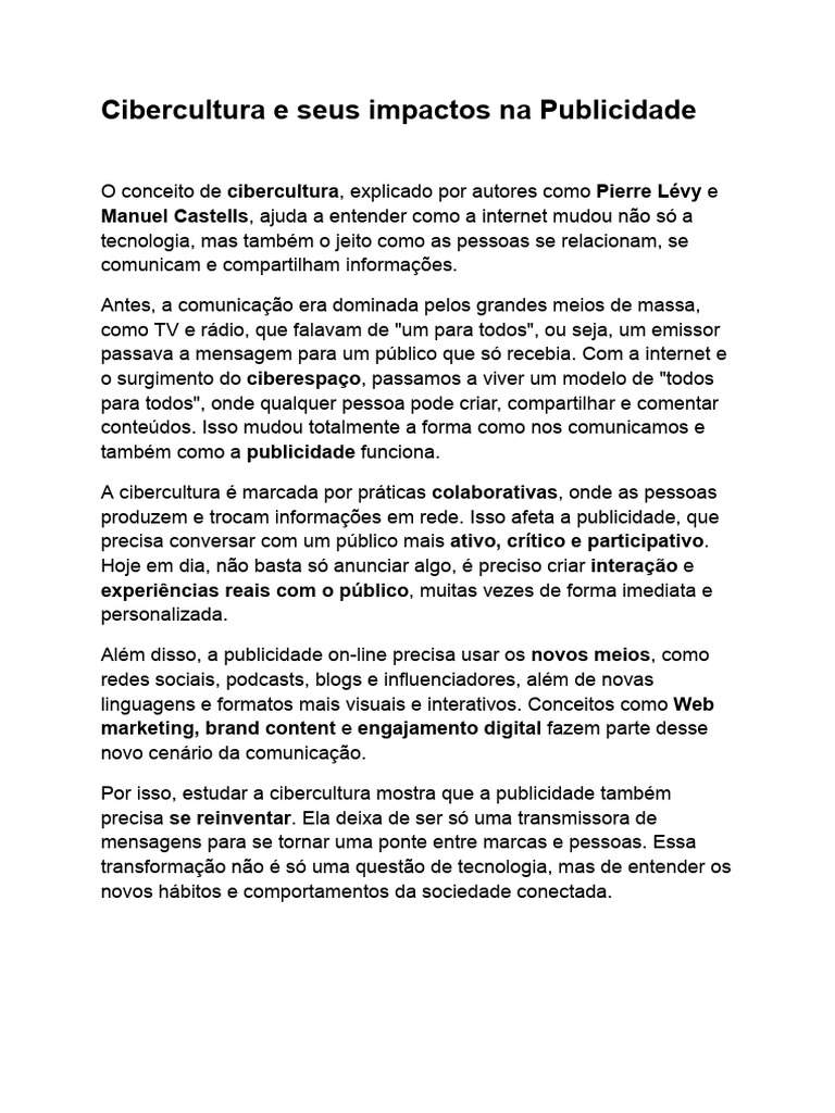 Cibercultura e Seus Impactos Na Publicidade | PDF