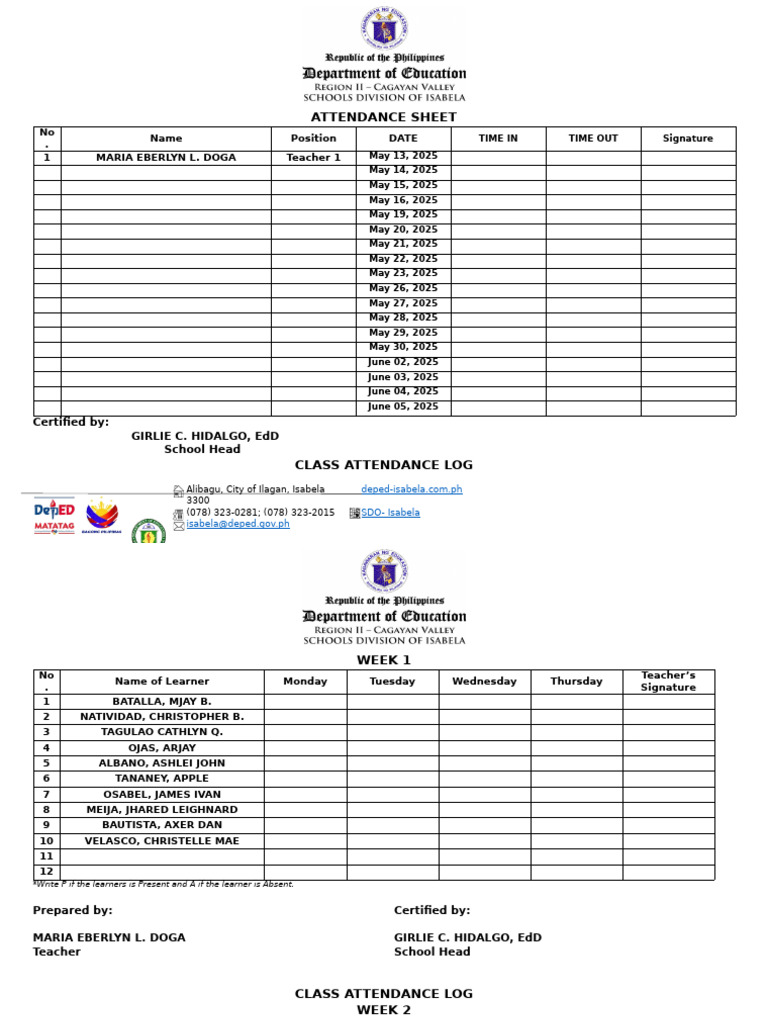 Weekly Class Attendance Log | PDF