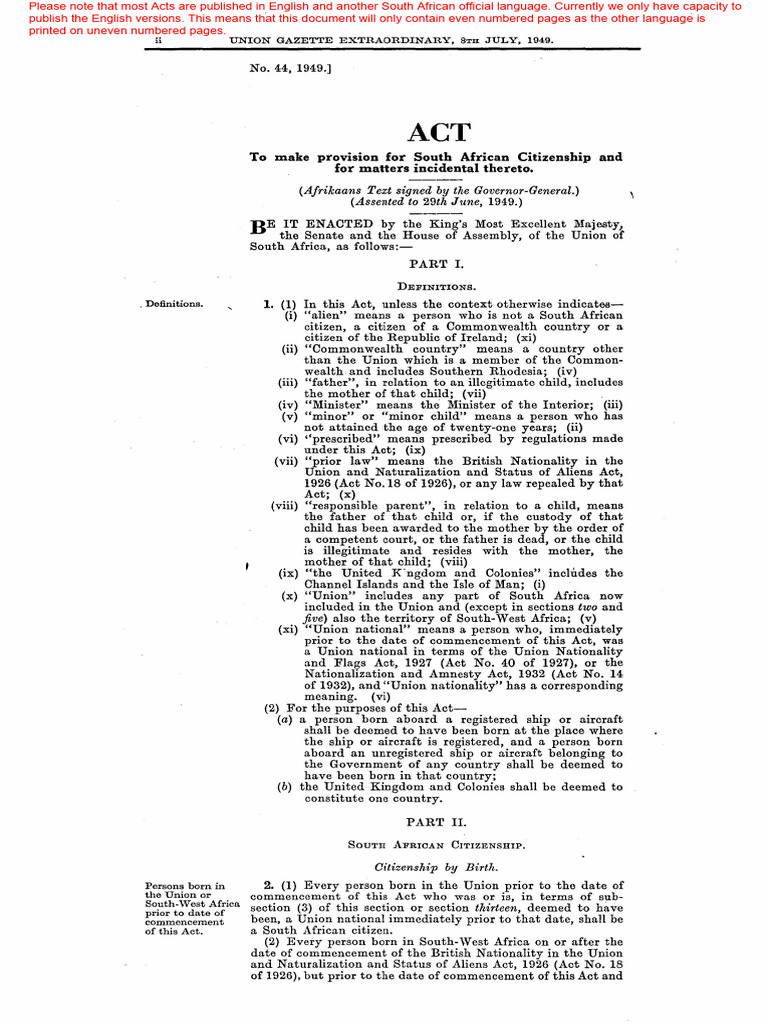 South African Citizenship Act 1949 | PDF | Naturalization | Citizenship