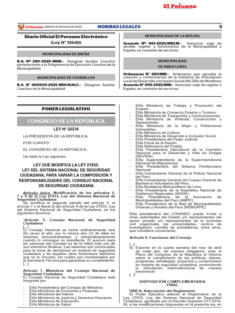 Modificación Ley 27933 y Ley 32378 | PDF | Gobierno local | Perú
