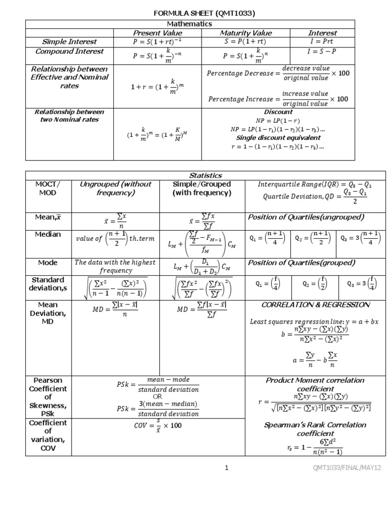 Formula Sheet Qmt1033 | PDF