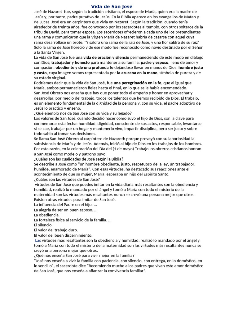 Vida de San José Primero | PDF | San José | María, madre de Jesús