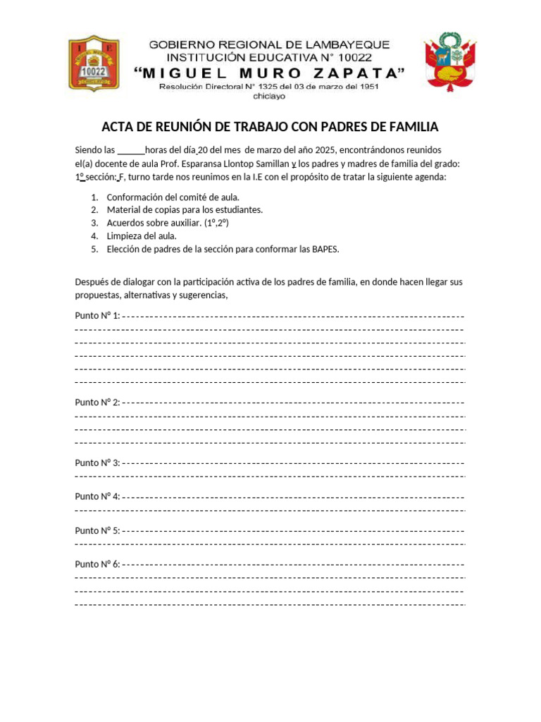 Acta de Reunión con Padres de Familia | PDF