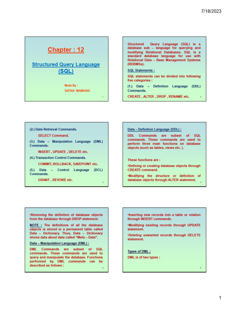 CH 12 Structured Query Language Part 01 | PDF | Relational Database | Sql