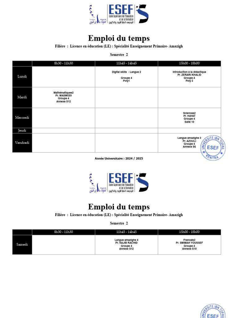 Emploi du temps Licence Éducation 2024 | PDF