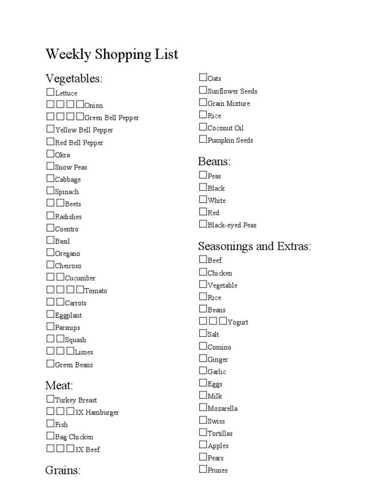 Weekly Grocery Shopping List | PDF | Cooking, Food & Wine | Wellness